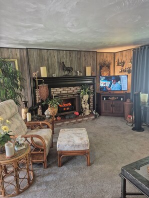 A living room with a fireplace, television, and various decorative items. - Ideal for traveling professionals. Private 2-bedroom home in peaceful Mansfield. (Mansfield)