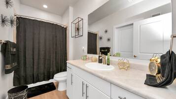 Hair dryer, towels, soap, shampoo