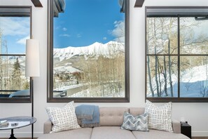 Smart TV, lareira, livros, biblioteca musical