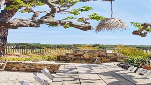 A wooden deck with stone walls, a hanging basket, and a view of a vineyard.