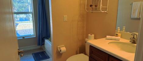 A bathroom with a toilet, sink, and shower area.