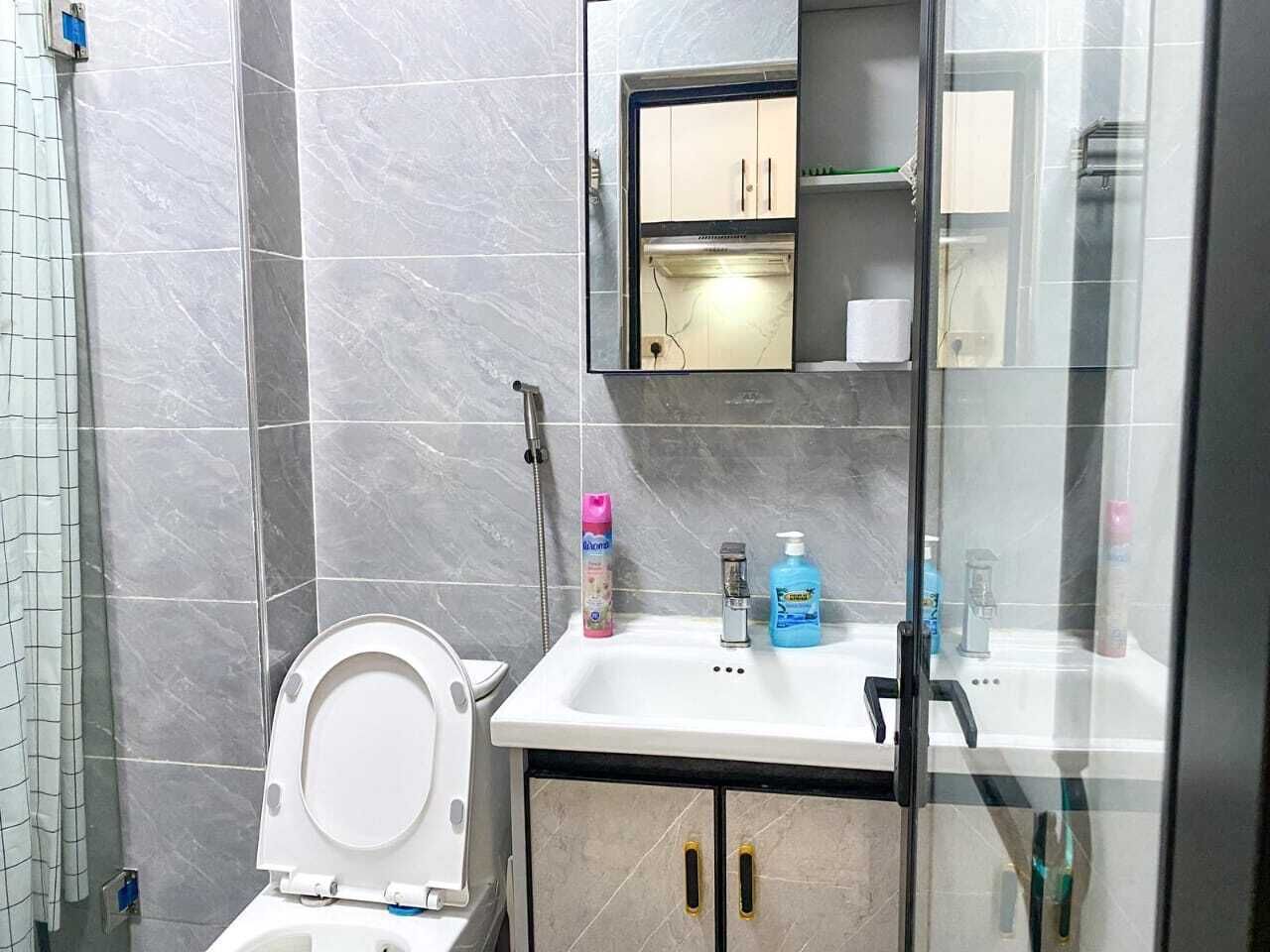 A bathroom with a toilet, a sink, and a mirror.