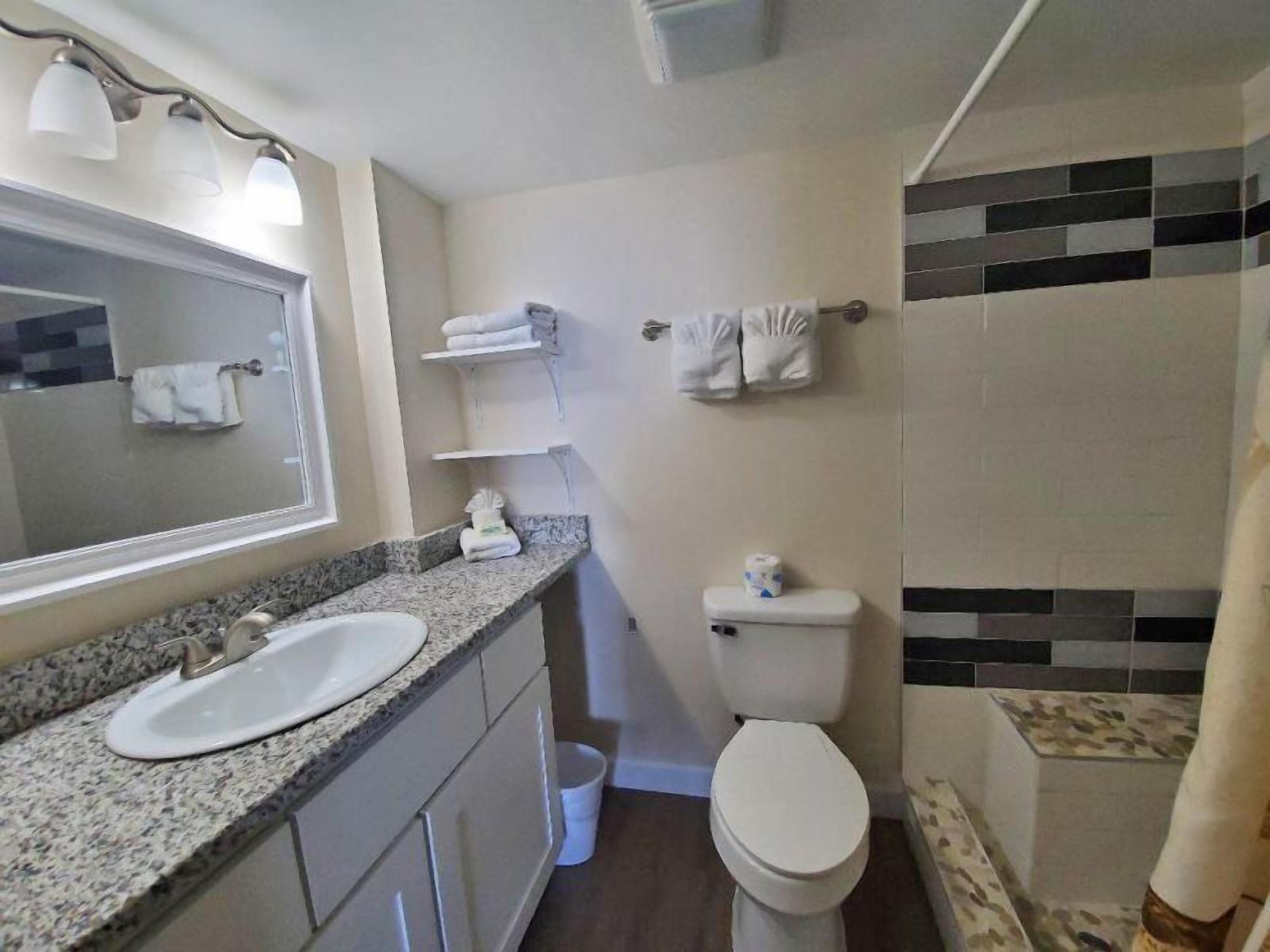 A bathroom with a sink, toilet, and shower area.