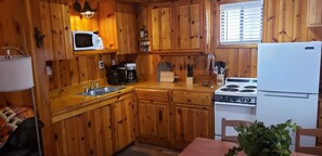 A compact kitchen with wooden cabinets, a microwave, a stove, and a sink.