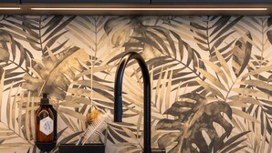 Una cocina con un grifo moderno, una botella de aceite de oliva y una planta decorativa.