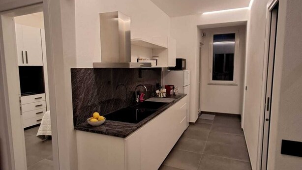 A modern kitchen with white cabinetry, a black countertop, and a marble backsplash.