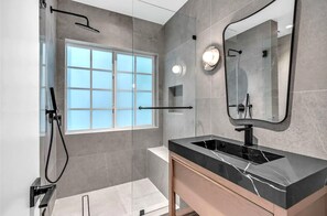 Hair dryer, towels, soap, shampoo