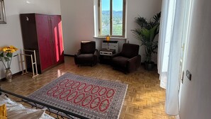 A spacious living room with a large window, two armchairs, a wooden floor, and a patterned rug.