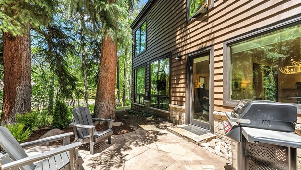 Un espace extérieur aménagé en terrasse, avec des fauteuils Adirondack, un barbecue et un chemin en pierre.