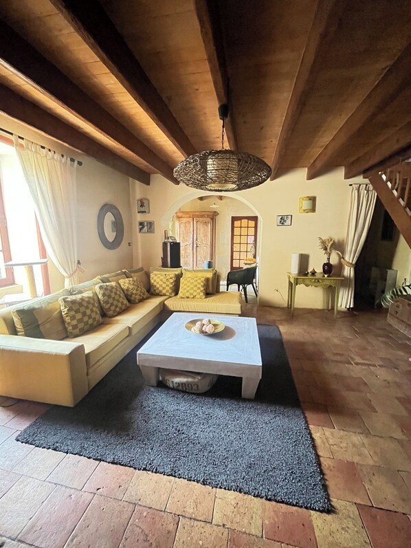 TV, fireplace, books, music library