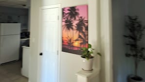 Un pasillo con una puerta blanca, una zona de cocina con electrodomésticos y una planta sujeta a la pared.