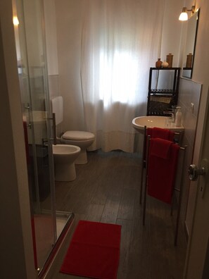 Douche, sèche-cheveux, bidet, serviettes fournies