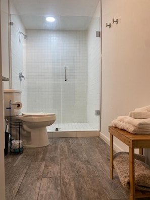 Shower, hair dryer, towels, soap