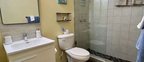 Hair dryer, towels, soap, toilet paper