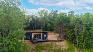Una cabaña moderna rodeada de un bosque denso, con terraza y zona de estar al aire libre.