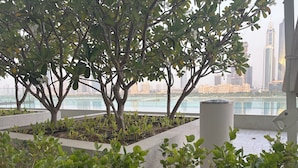 Un jardin sur le toit, agrémenté d’arbres adultes et de jeunes plantes, offrant une vue panoramique sur la ville et ses gratte-ciel.