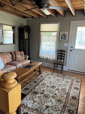 Smart TV, fireplace, DVD player, books