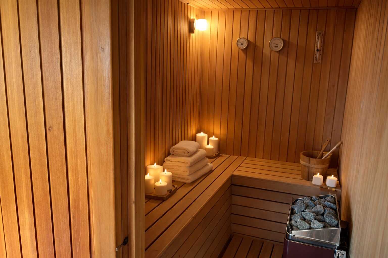 A wooden sauna with a bench, candles, and towels.