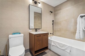 Hair dryer, towels, soap, toilet paper