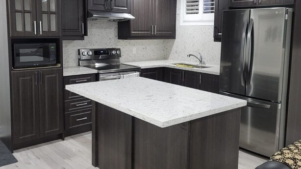 A modern kitchen with dark wood cabinets, stainless steel appliances, and a marble countertop. - Cozy Private Oasis Peaceful Stay (Milton)