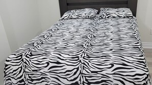 A bed with a zebra-patterned bedspread in a room with light-colored walls and a window with blinds. - Cozy Private Oasis Peaceful Stay (Milton)