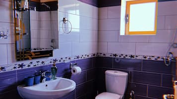 Douche, sèche-cheveux, serviettes fournies, shampoing