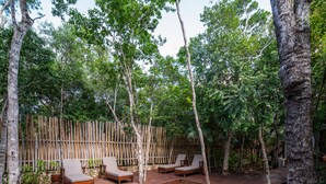 Eine Holzterrasse mit einem rechteckigen Pool, umgeben von Bäumen und einem Bambuszaun.