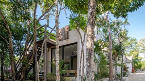 Ein modernes Haus mit einer Holztreppe, die zu einer Glastür führt, umgeben von üppigem Grün.