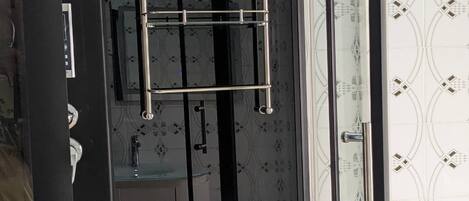 A modern bathroom with a glass enclosure, a built-in shower, and a vanity with a mirror.