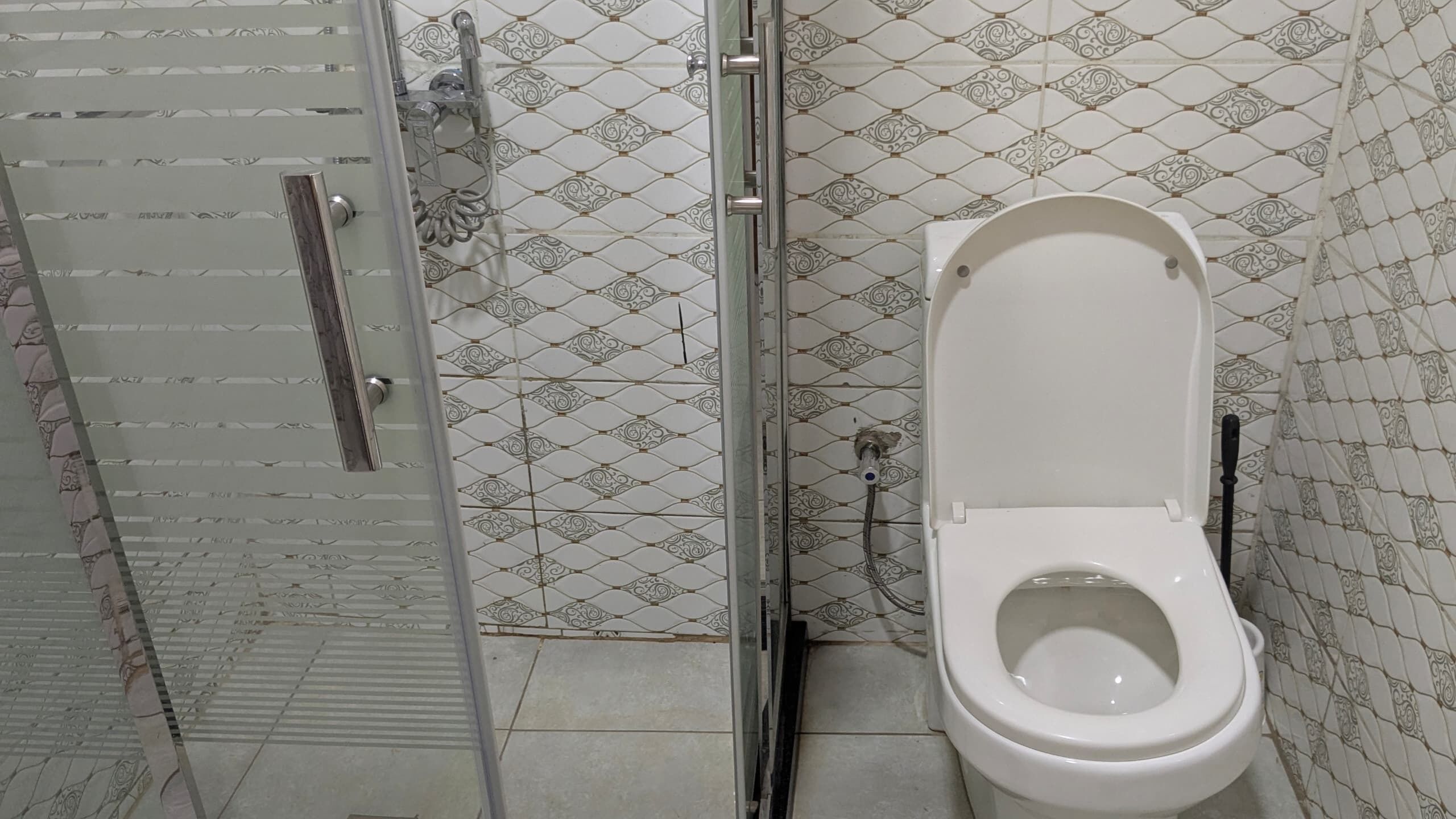 A bathroom with a shower, toilet, and patterned tiles.