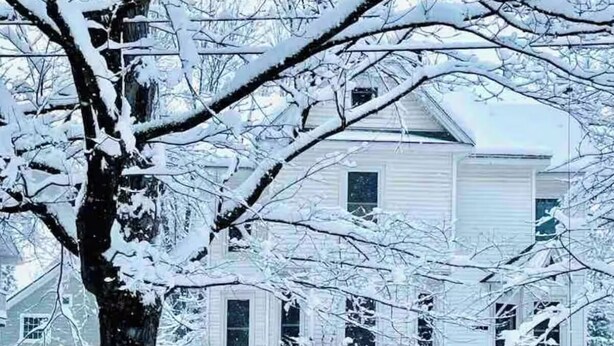 Uma casa coberta de neve com uma grande árvore em primeiro plano.