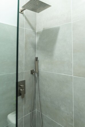 Ducha, secador de pelo, toallas y jabón