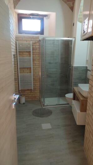 Shower, hair dryer, bidet, towels