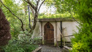 Eine rustikale Holzhütte mit einem großen Bogenportal, umgeben von dichtem Grün und einem Kiesweg.