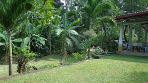A well-maintained garden with a variety of tropical plants and a gazebo with outdoor seating. - Airport Green Villa (Andiambalama)