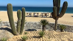 Una playa con cactus y un muro de piedra. Hay sillas de playa y una pequeña estructura con techo.