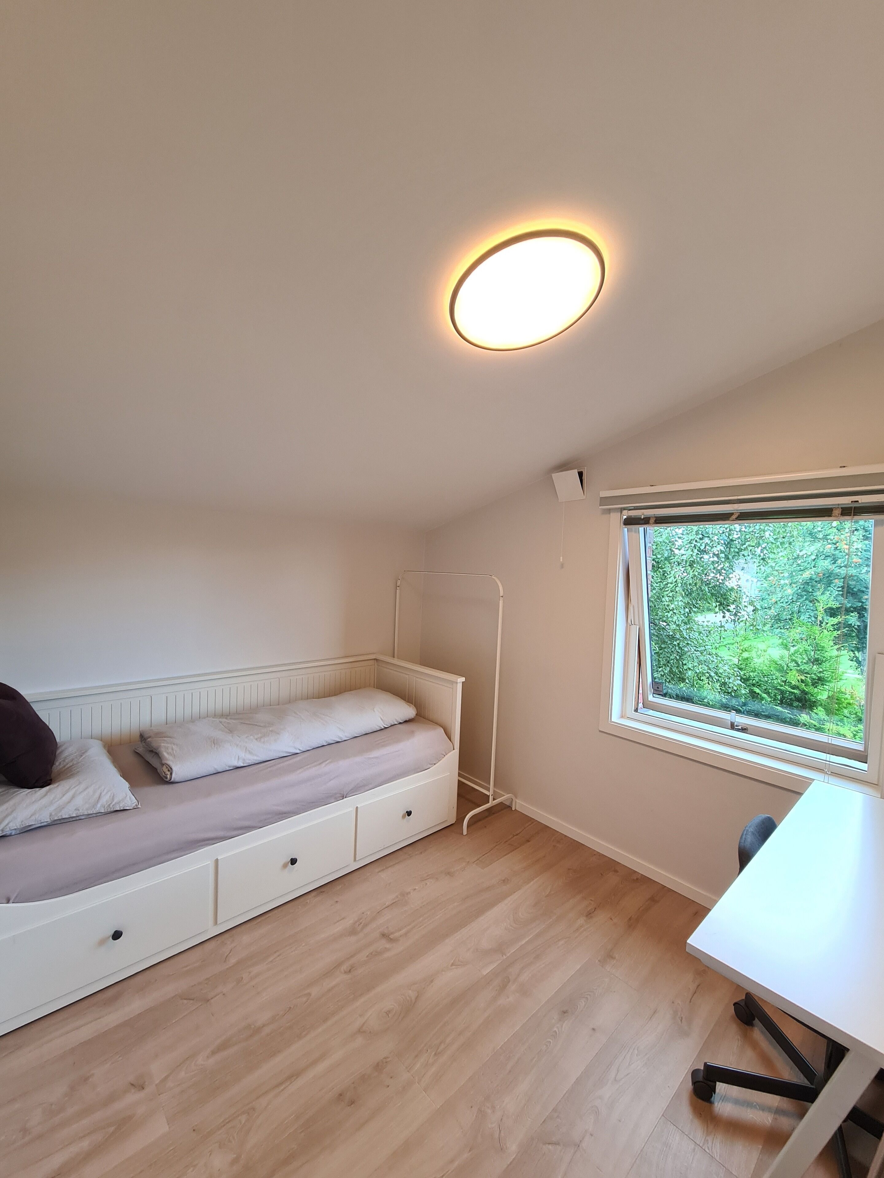 A small, bright room with a bed, a desk, and a window with a view of greenery.