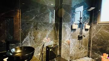 Hair dryer, towels, soap, shampoo