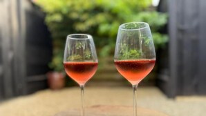 Dos copas de vino sobre una mesa de madera con un fondo desenfocado al aire libre.