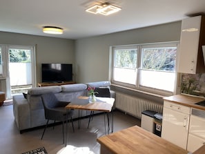 A modern living room with a sofa, a TV, a dining table, and a radiator.