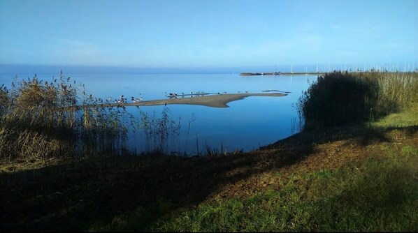 Un paisaje costero con una masa de agua tranquila, zonas cubiertas de hierba y una costa distante.