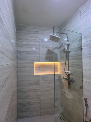 Hair dryer, towels, soap, toilet paper