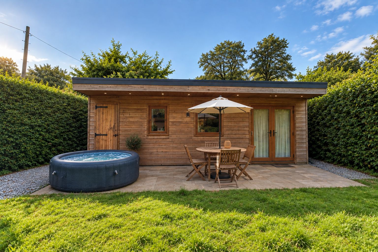 A wooden cabin with a hot tub, a table with chairs, and a covered patio area.