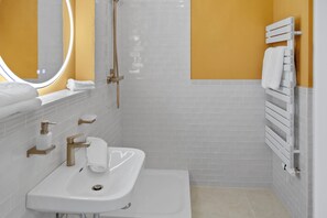 Hair dryer, towels, soap, toilet paper