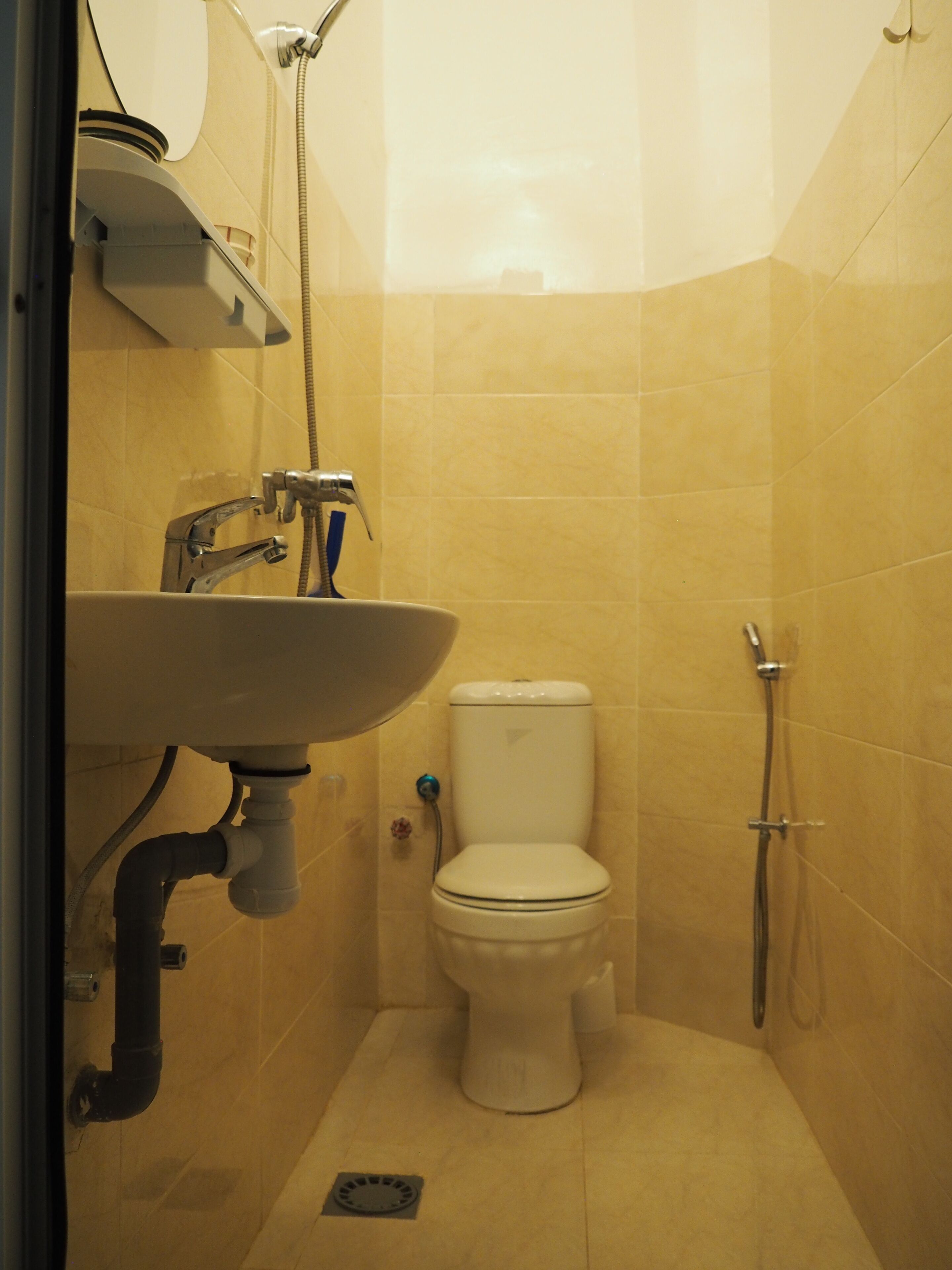 Un baño pequeño con inodoro, lavamanos y ducha.