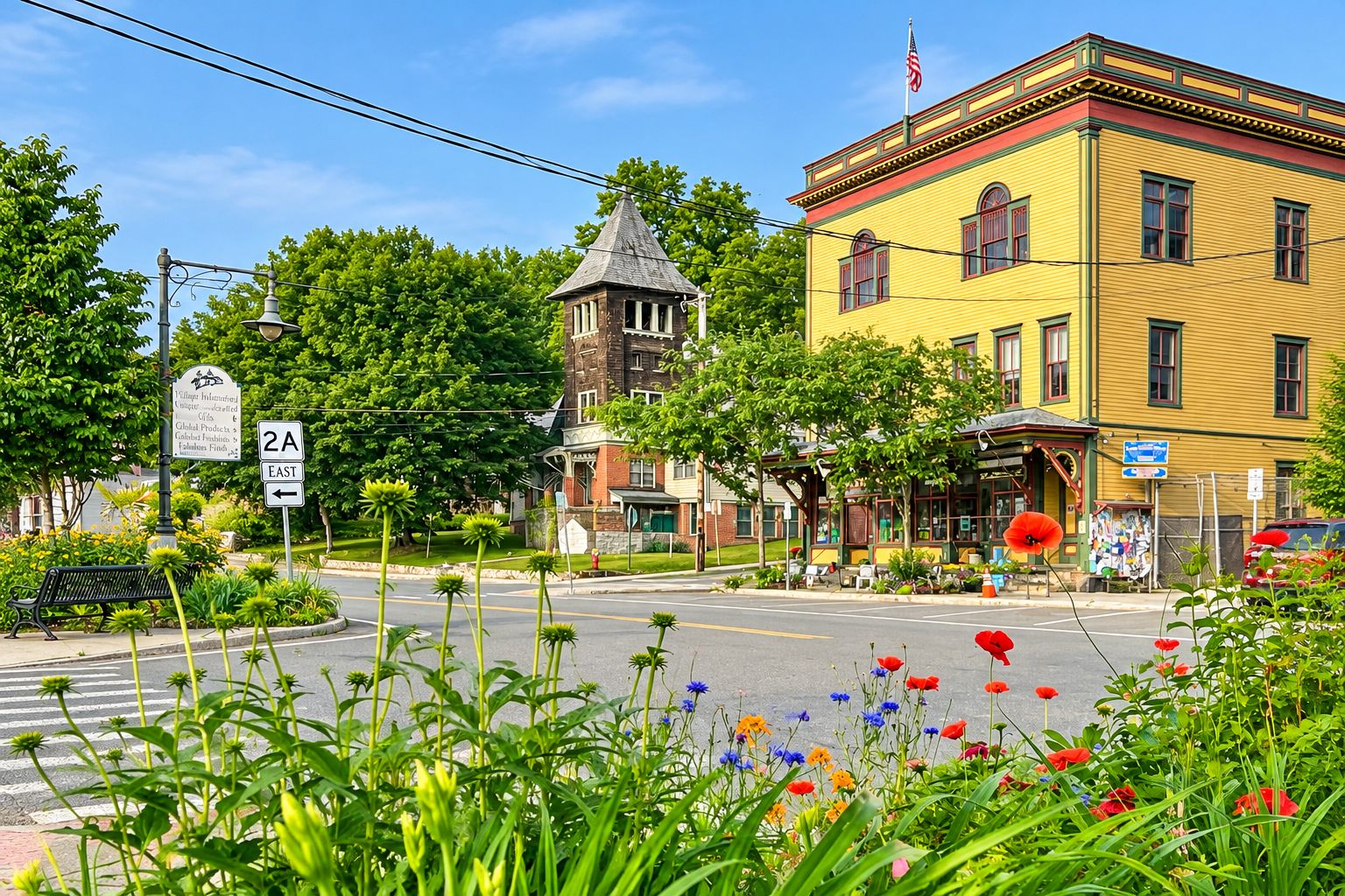 A street view with a yellow building, a tower, and a sign indicating direction.