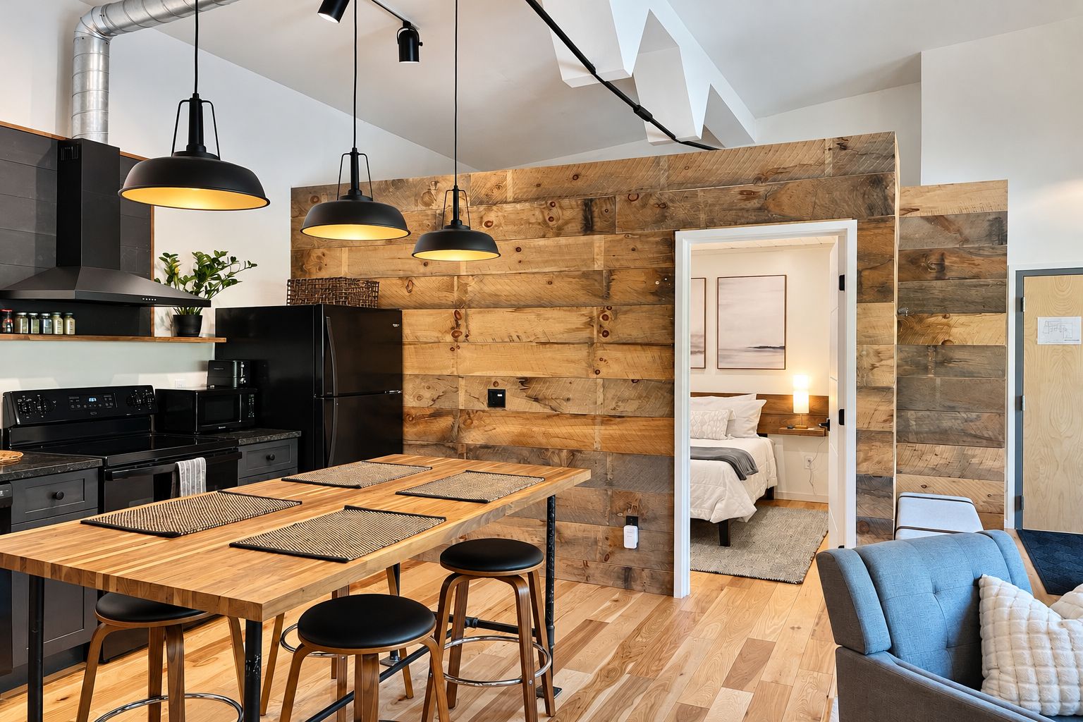 Une cuisine moderne avec un mur en bois, des appareils électroménagers noirs et des luminaires suspendus.