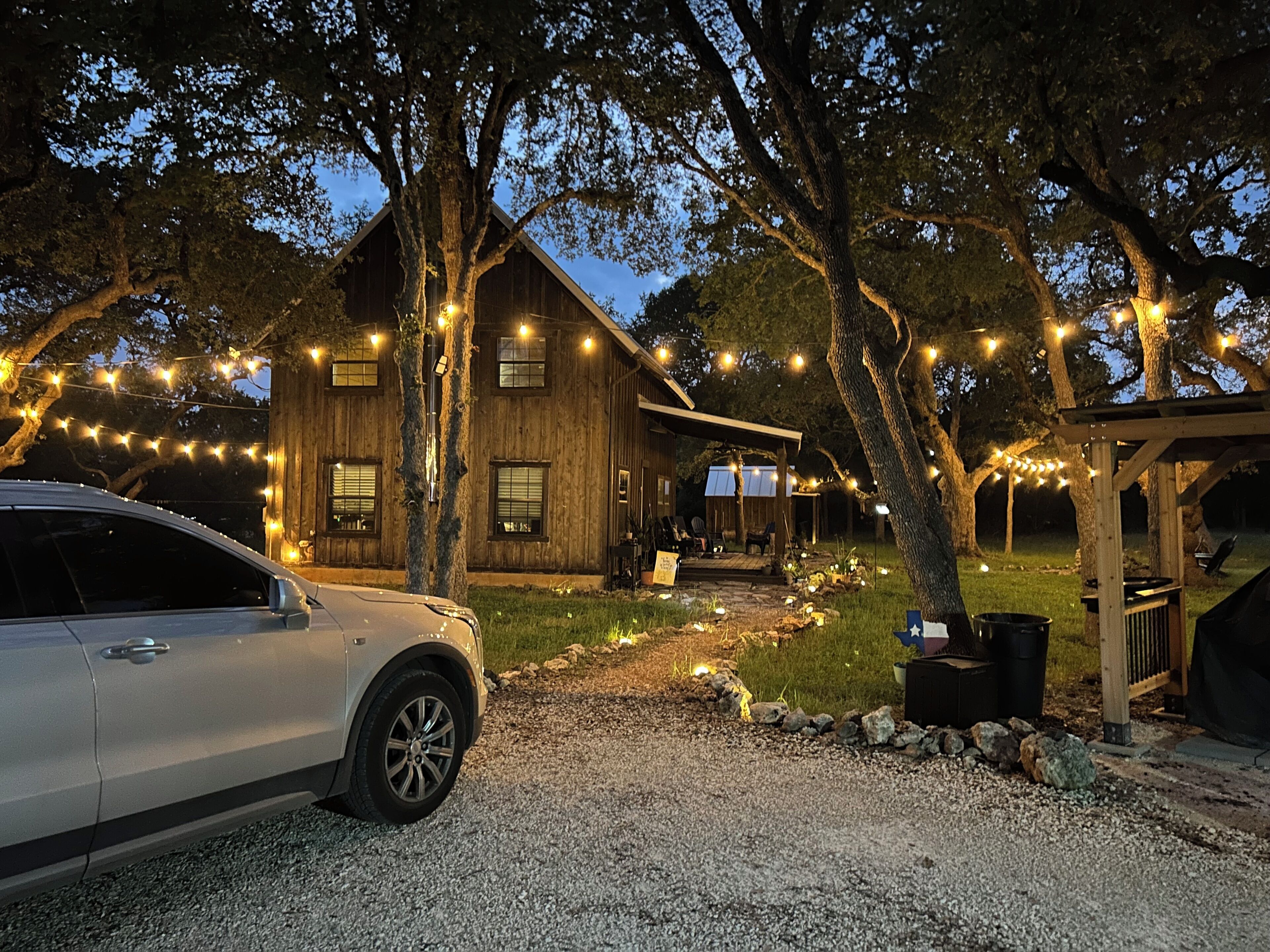 parking at night and path to front door
