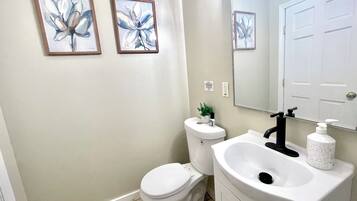 Hair dryer, towels, soap, toilet paper