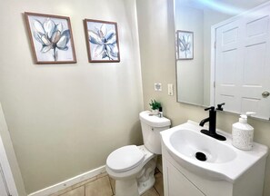 Hair dryer, towels, soap, toilet paper